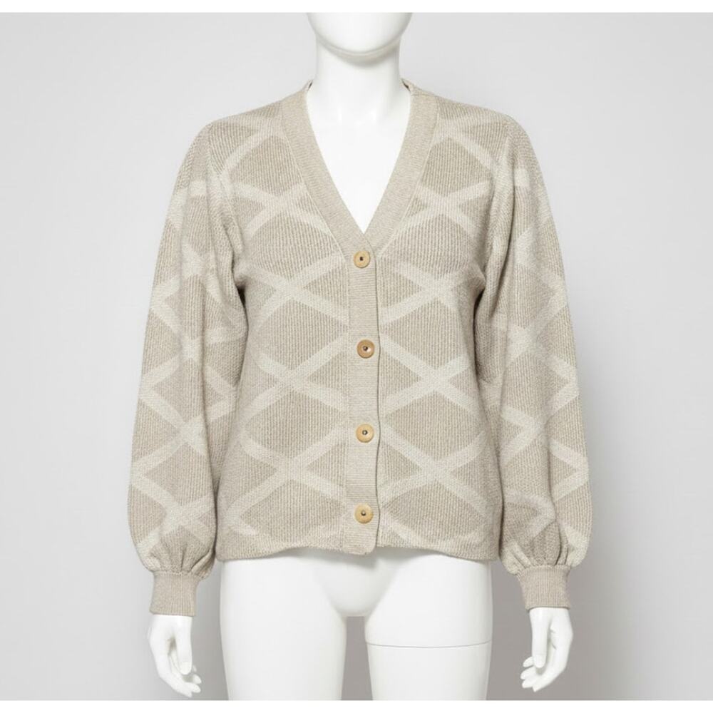 VTG St. John Santana Knit Cardigan Sweater M Cream Gold Buttons Old Money USA